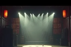 雨夜码头场景，水面反光与细密雨丝同时可见